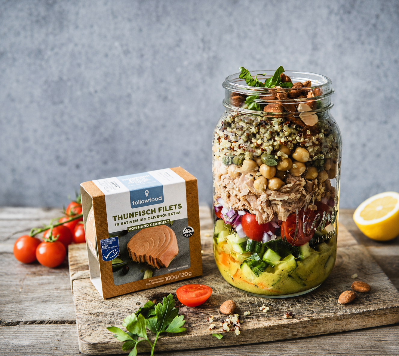 followfood Rezept: High Protein Kichererbsen Quinoa Salat Thunfisch im Glas