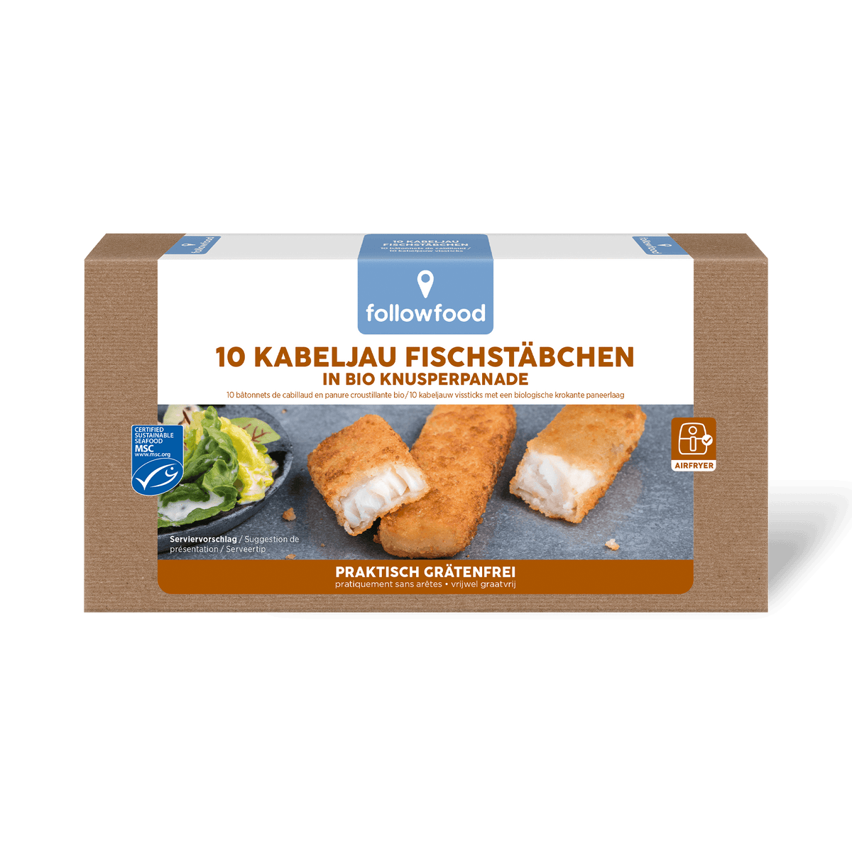 followfood Wildfischgerichte Stäbchen MSC Kabeljaufilets in Bio Panade Produktbild