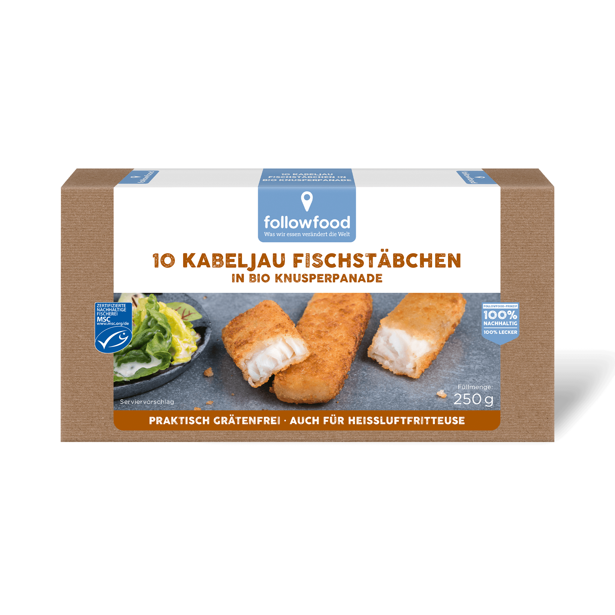 followfood Wildfischgerichte Stäbchen MSC Kabeljaufilets in Bio Panade Produktbild