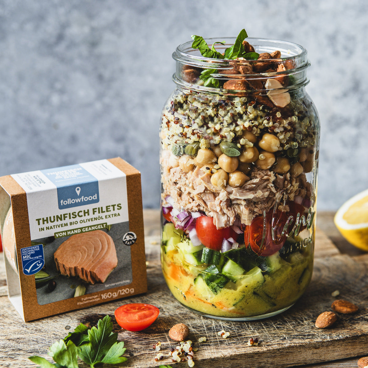 followfood Rezept: High Protein Kichererbsen Quinoa Salat Thunfisch im Glas