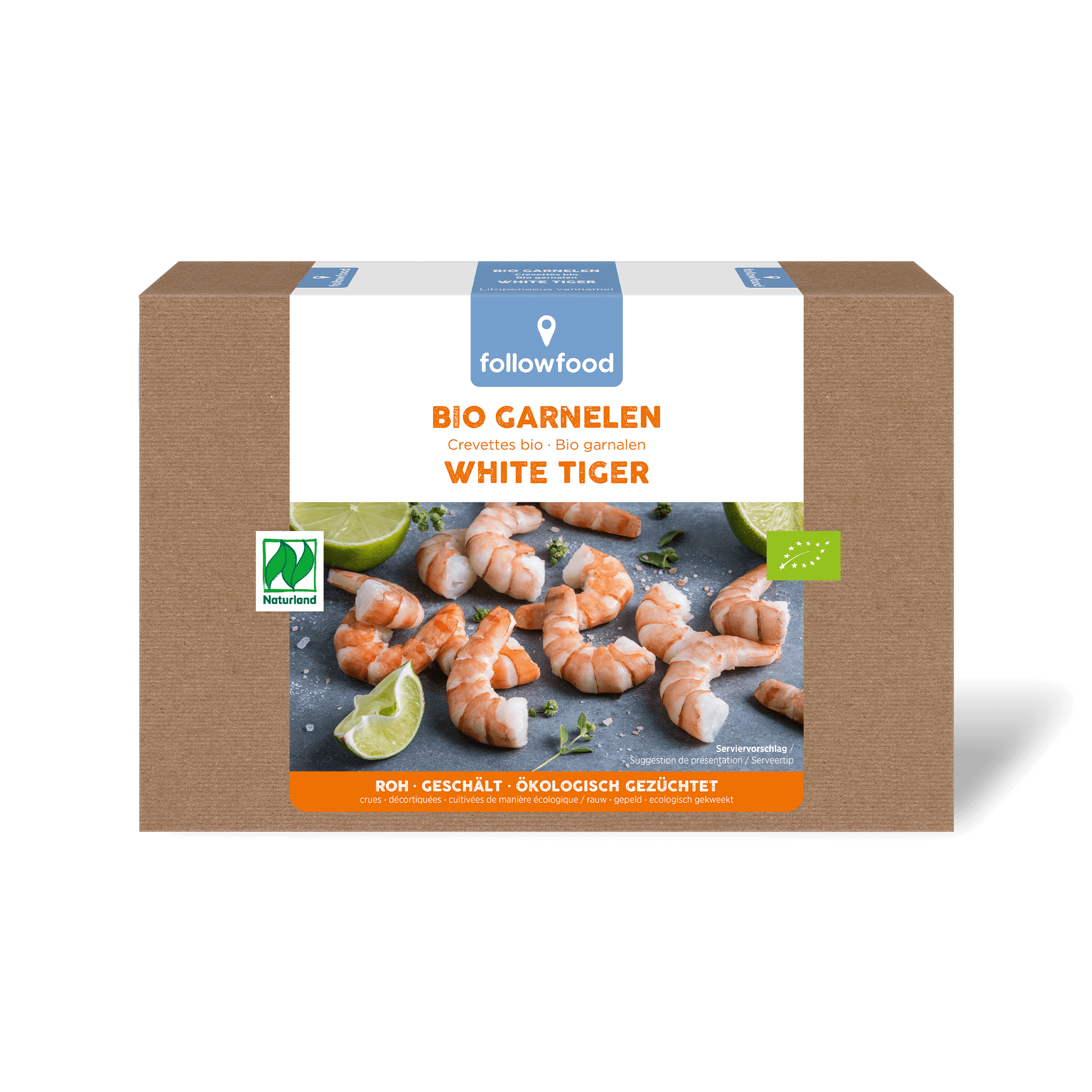 followfood Fisch Bio Filets Meeresfrüchte Bio Garnelen White Tiger 160g Logo