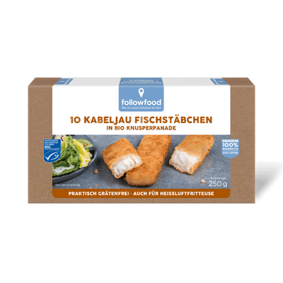 followfood Wildfischgerichte Stäbchen MSC Kabeljaufilets in Bio Panade Produktbild